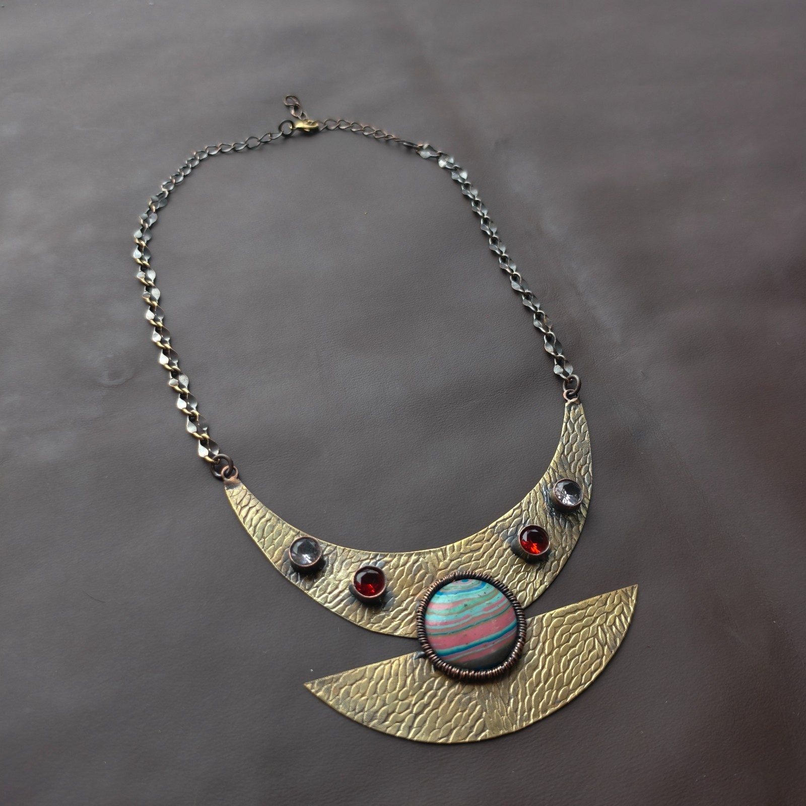 Handmade Copper Wire Wrapped Statement Necklace, Colorful Patterned Necklace
