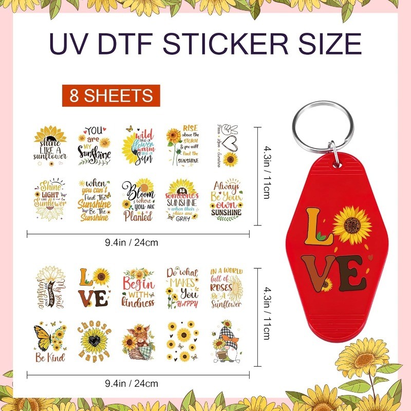 Stickers for Motel Keychain – 8 Sheets UV DTF Transfer Keyring Sticker Sunflower
