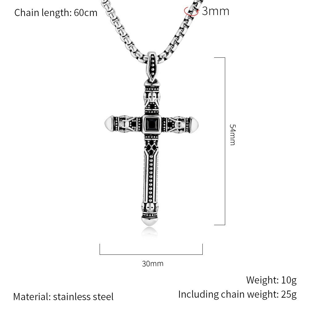 23″ Retro Vintage Cross Pendant Necklace Stainless Steel with Black Onyx Zircon