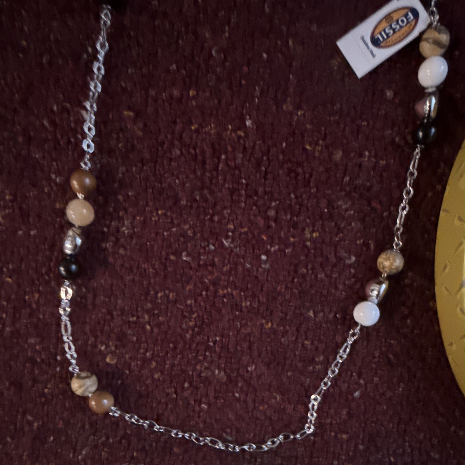 Fossil Signed Silver-Tone Cable Chain Beaded Necklace w/ Lobster Clasp