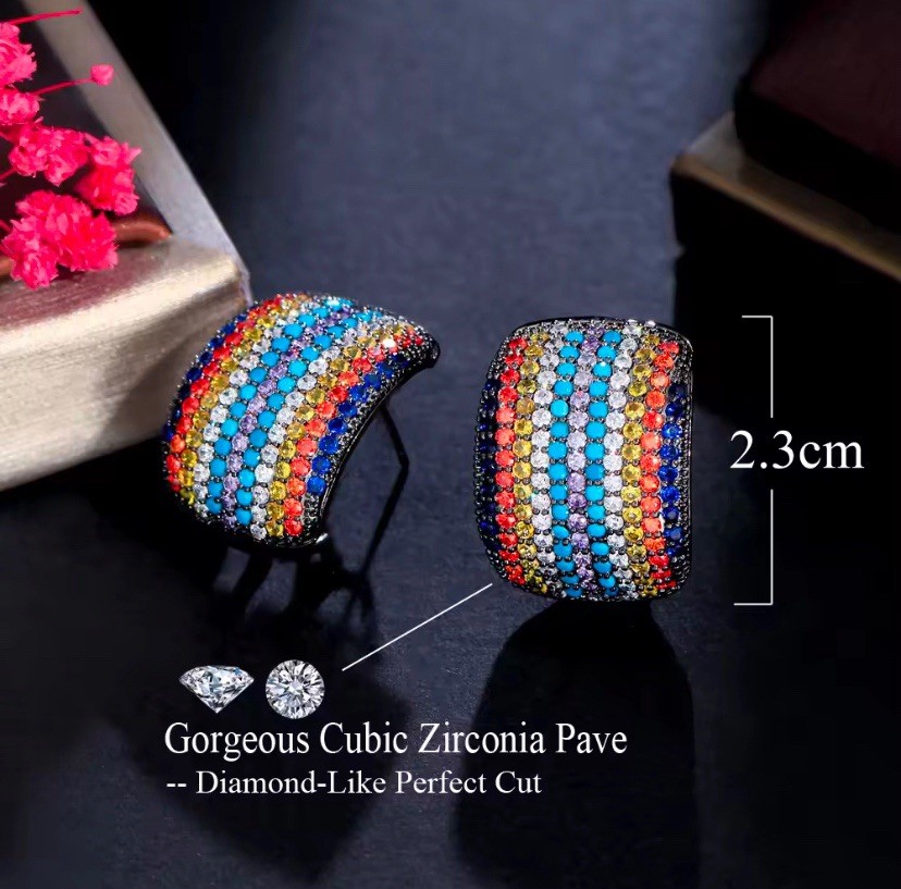 Unique Micro Pave Cubic Zirconia Colorful Statement Big Rectangle Stud Earrings