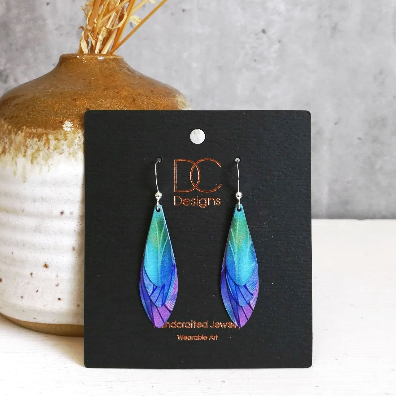 DC Designs Green Blue Purple Art Print Triple Layered Teardrop Earrings 23NL