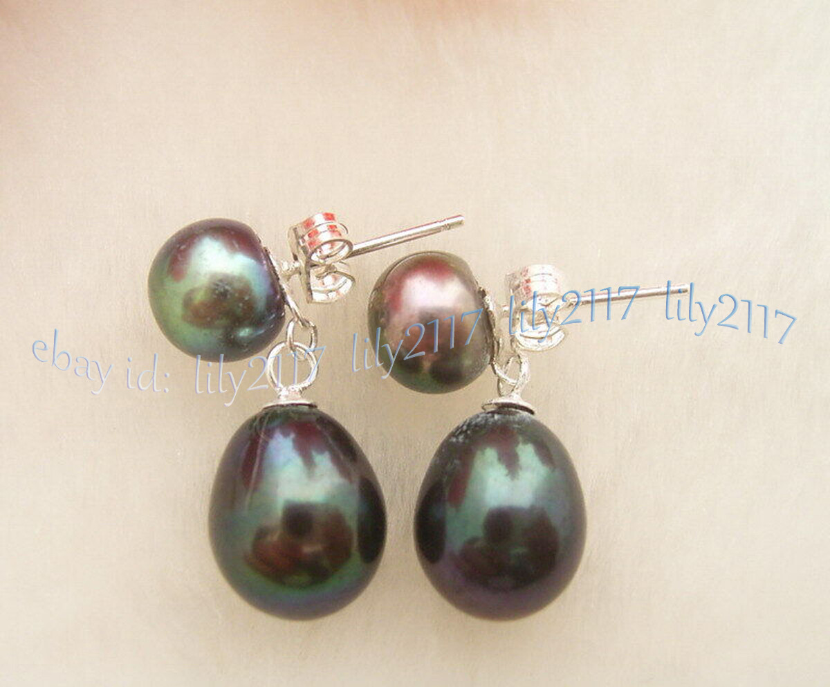 Genuine Natural 7-8mm 9x11mm Black Tahitian Pearl Silver Stud Dangle Earrings