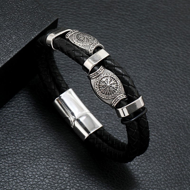 Men’s Black Leather Bracelet Multilayer Braided Rope Scripture Sun Vintage