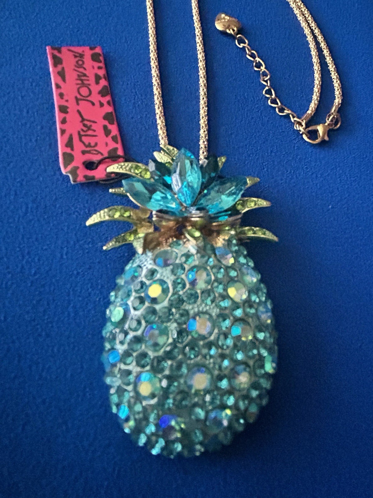 Betsy Johnson Turquoise Crystal Pineapple Gold- Tone Necklace/Pin
