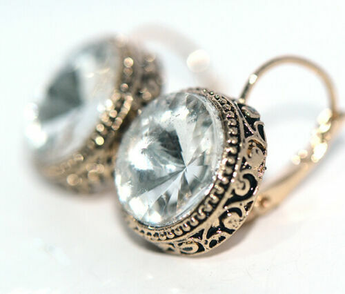 Great New Yellow Gold Plated 15mm Clear Round Crystal Leverback Dangle Earrings