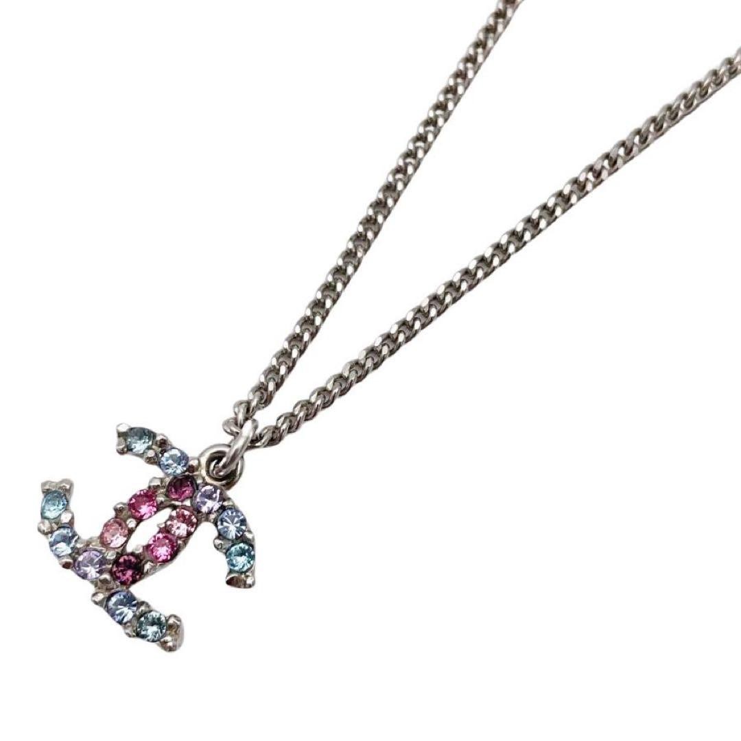 CHANEL Necklace CoCo Mark Colored Gemstone Silver Length: 16.5~23.6 in.