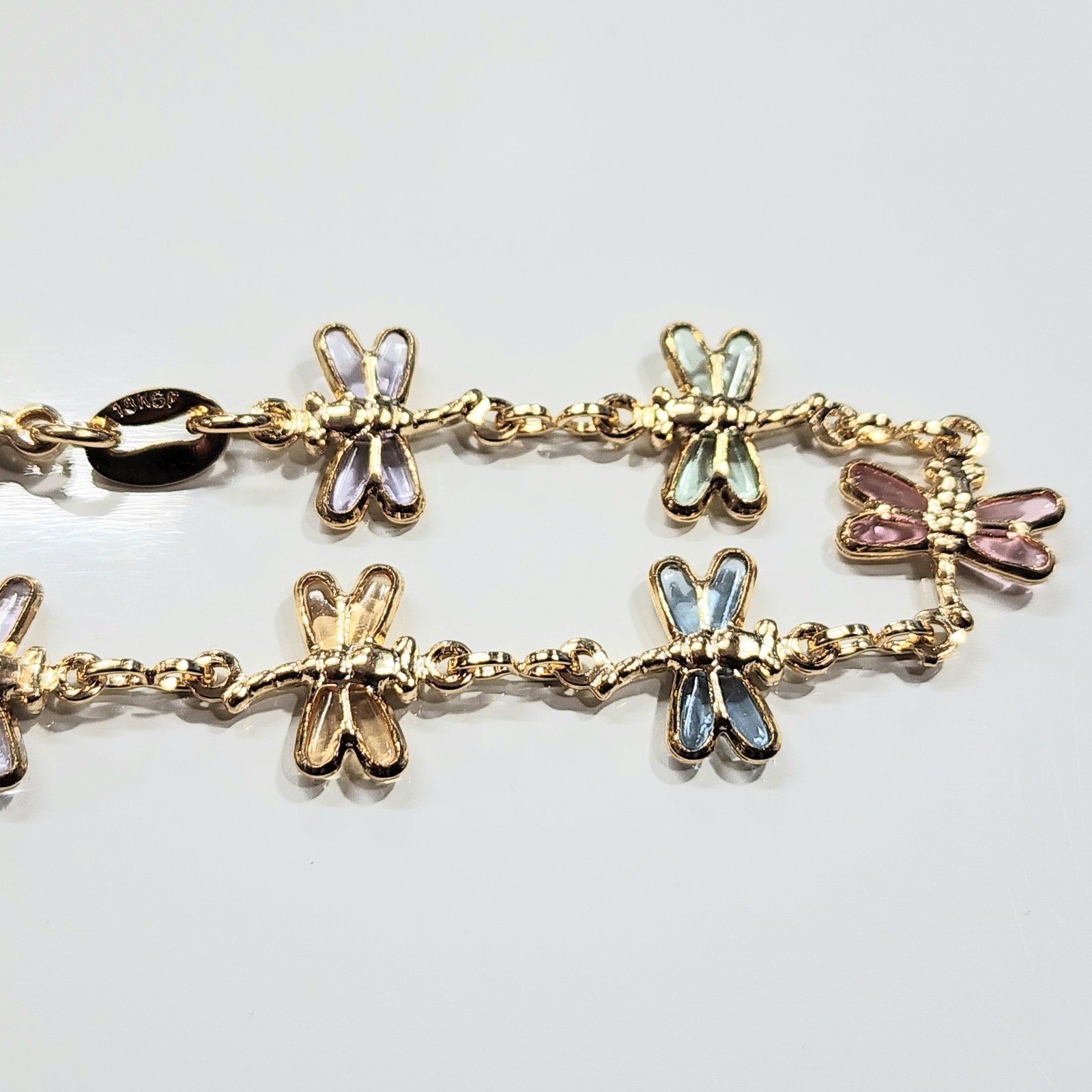18k Gold Filled Dragonfly Bracelet Light Multi Color Stones 7″ inch Long