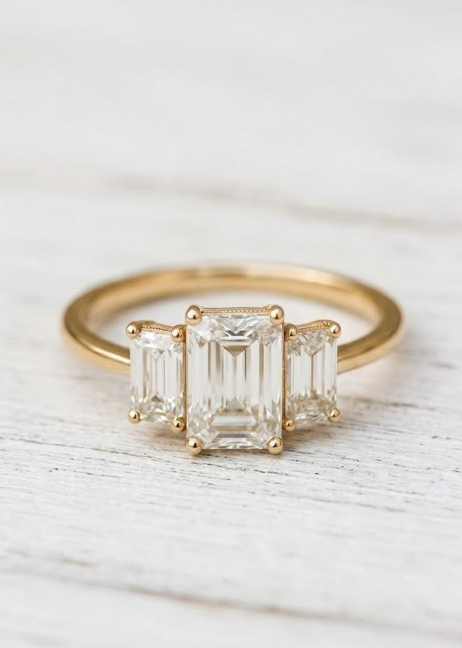 Emerald Cut Moissanite Three Stone Engagement Ring Gold Pilated Bridal Band Gift