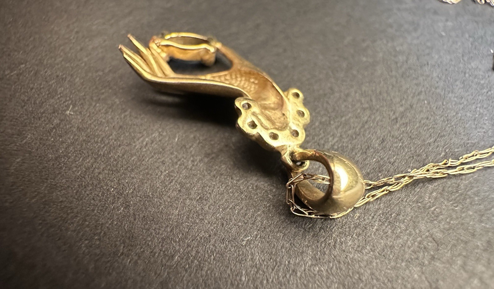 Vintage 18k Gold Hand Charm Pendant Necklace Marquise cut Sapphire and Diamonds