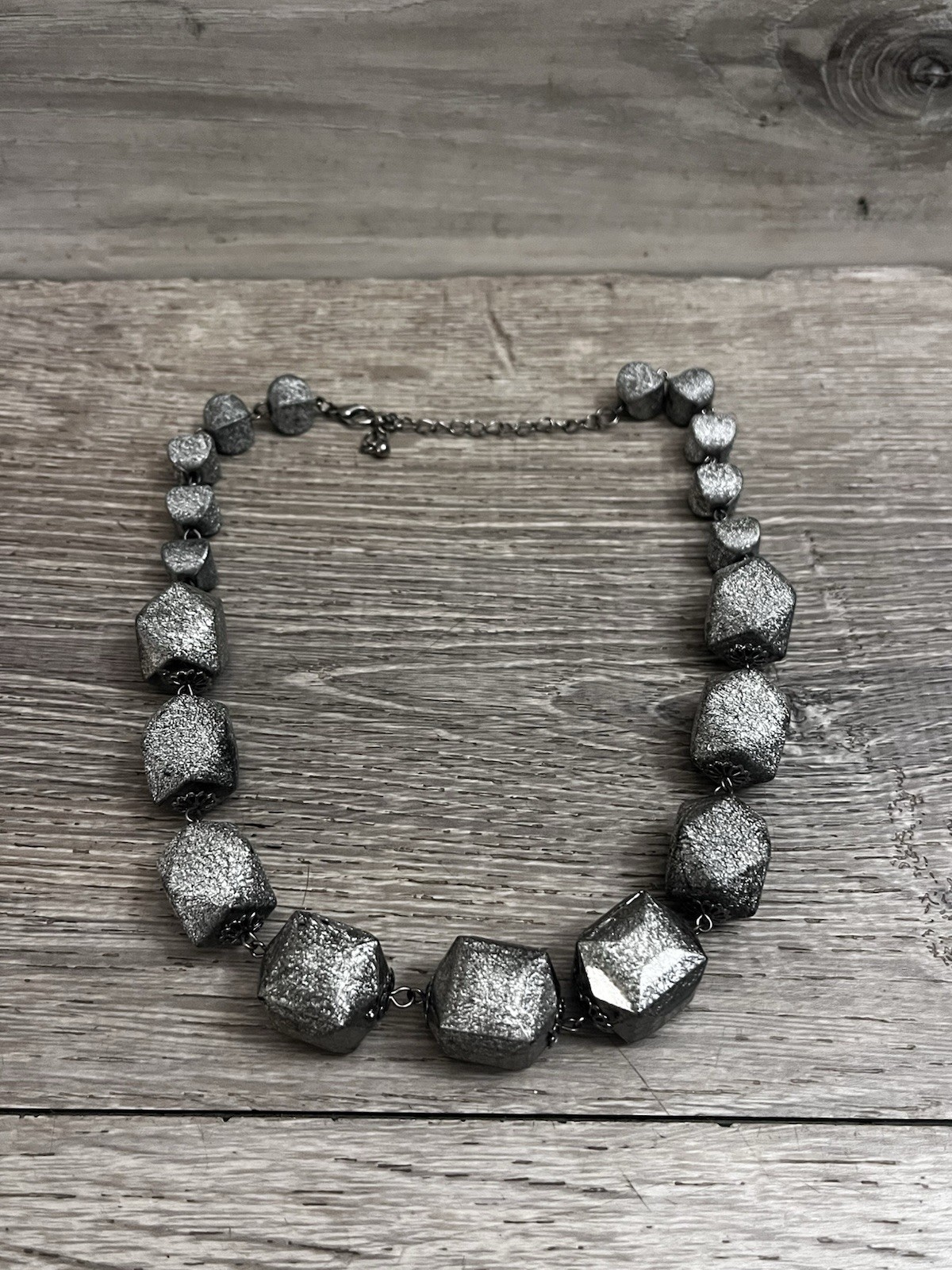 Gunmetal Geometric Statement Necklace Chunky Faceted Plastic Resin 18-20”