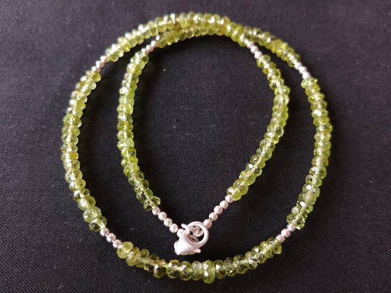 A++ Natural Peridot Faceted Rondelle Gemstone Silver Filled Beads Necklaces 24”