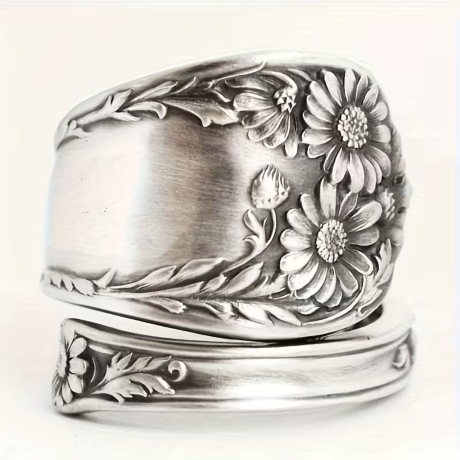 Vtg Style Silver Floral Spoon Ring Sunflower Old England Boho Retro New sz: 7