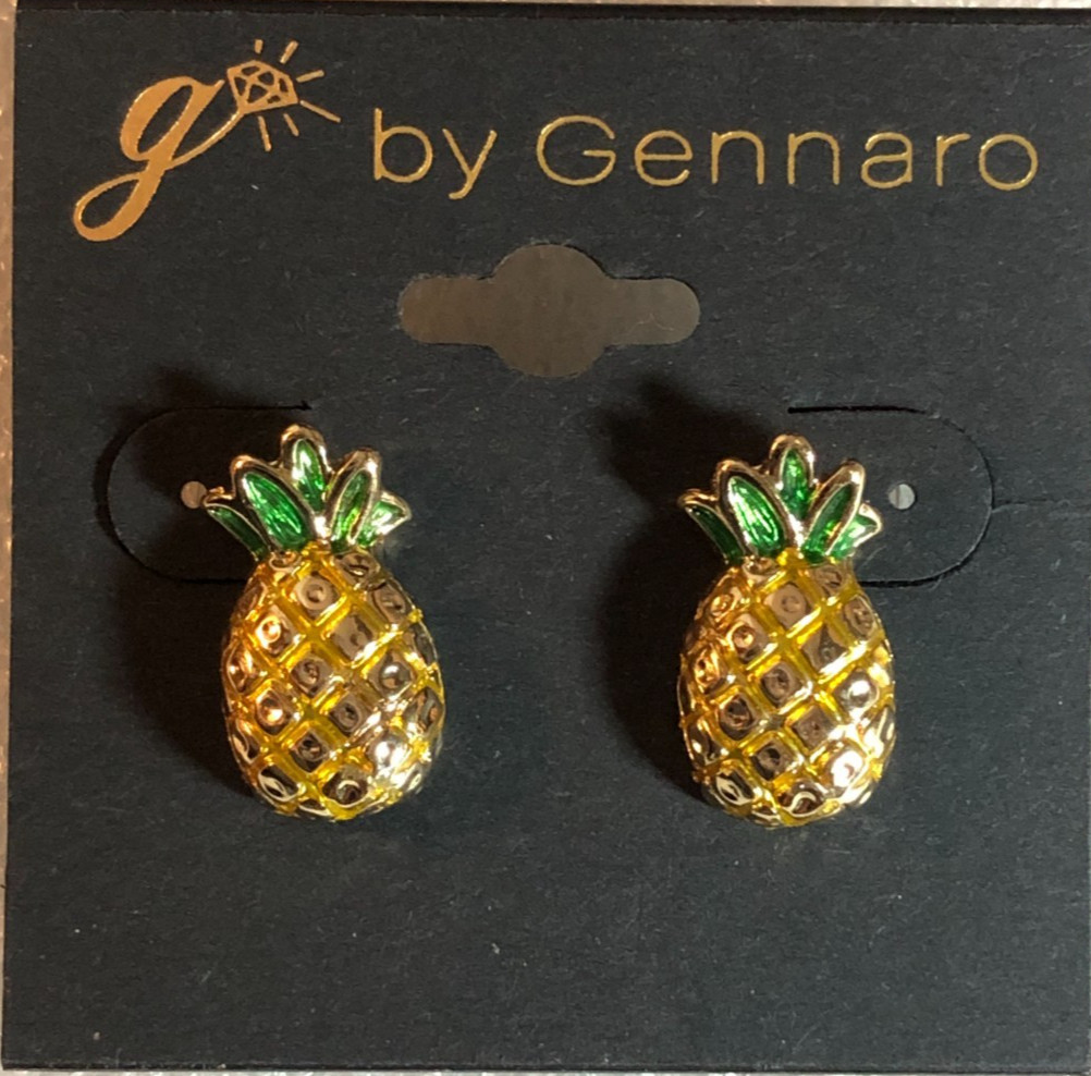Gold Tone PINEAPPLE Stud Earrings Yellow Green Enamel Tropical Summer NWT 8304