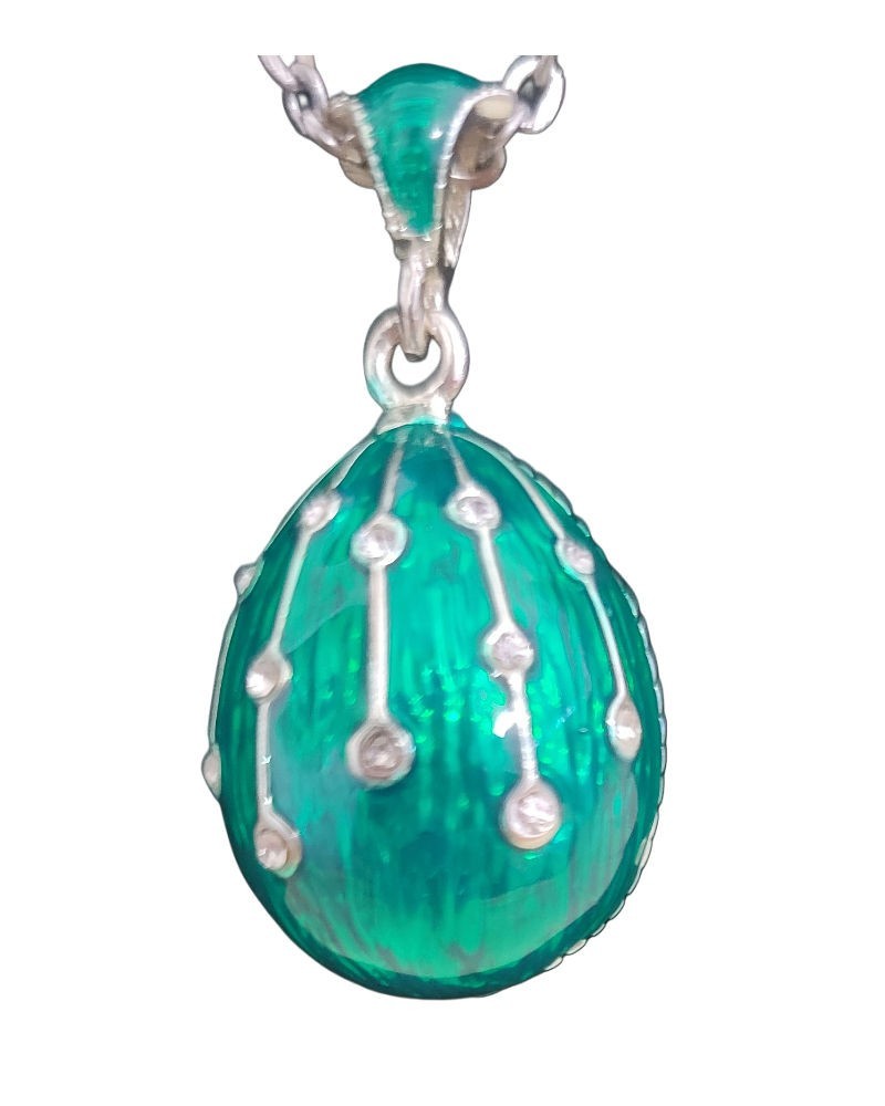 Russian Faberge Inspired Easter Enamel Egg Green Color Pendant w/ Silver Chain