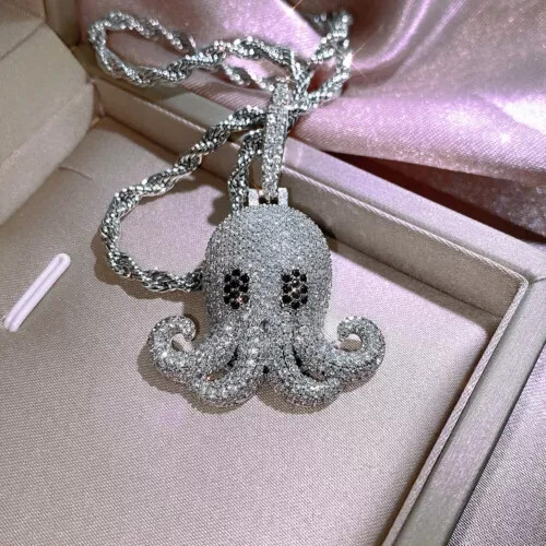 1.77 Ct Round Cut Simulated Diamond Octopus Charm Pendant 14K White Gold Plated