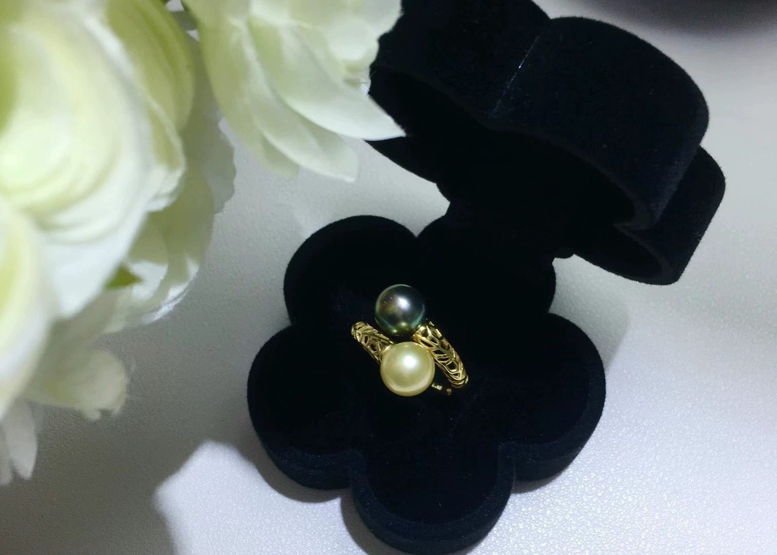 Natural Pearl AAAA8-9mm South Sea Double Pearl Hollow Adjustment Ring 925s