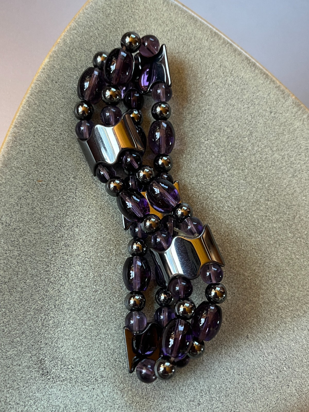 Hematite Scalloped Rectangle Round & Dark Purple Barrel & Round Bead Stretch Bra