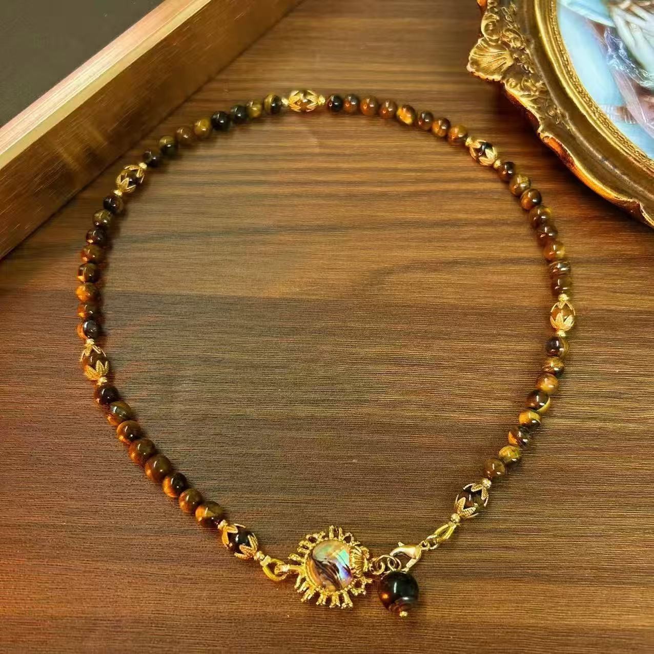 Tiger Eye Pearl Beaded Necklaces Stack Vintage Style Gold Coin Pendant Jewelry