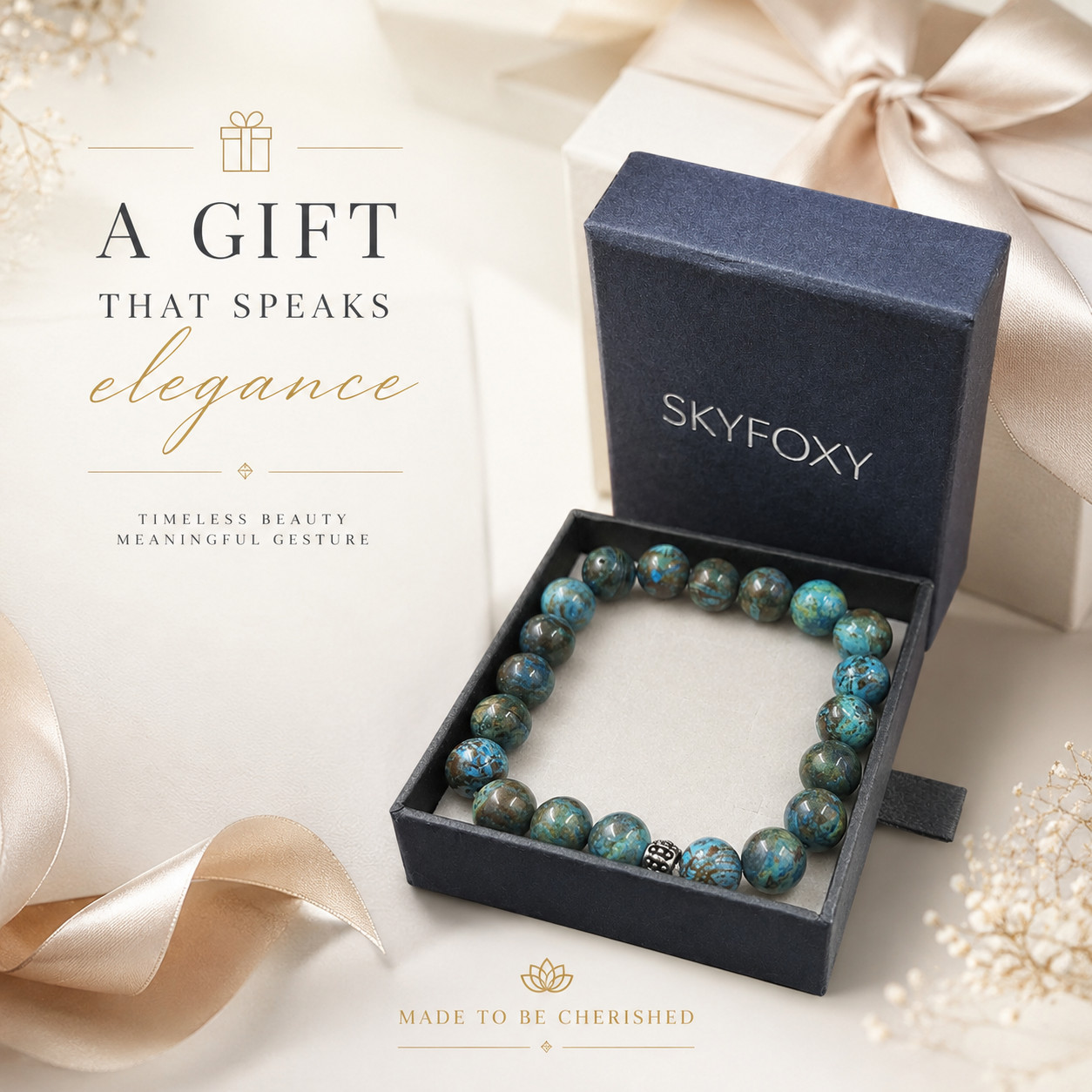 Natural Chrysocolla Beaded Bracelet 9-10mm Gemstone Stretch Bracelet Gift Box