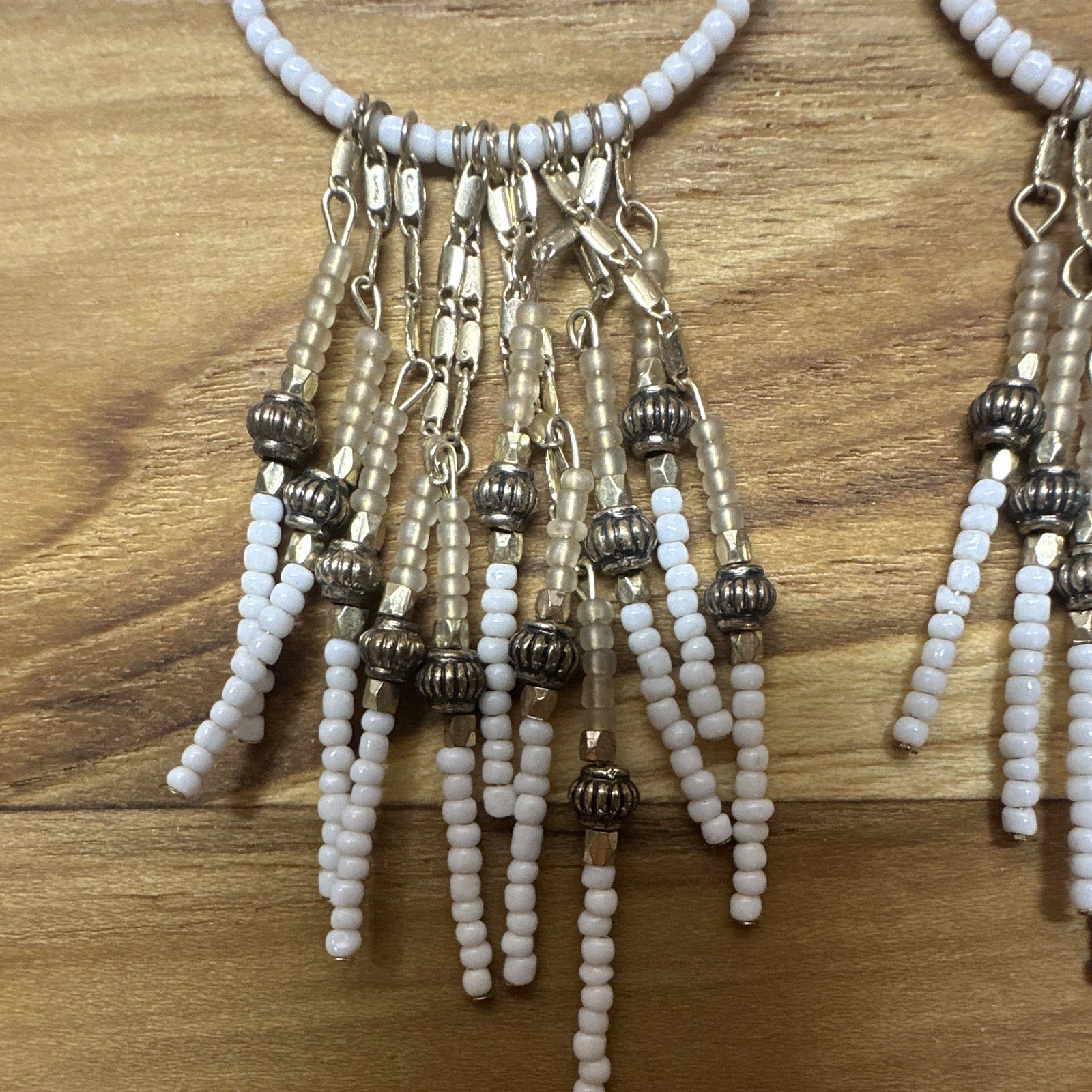 White Gold Beaded Hoop Dangle Earrings Leaf Charms Fringe Tassels Hook