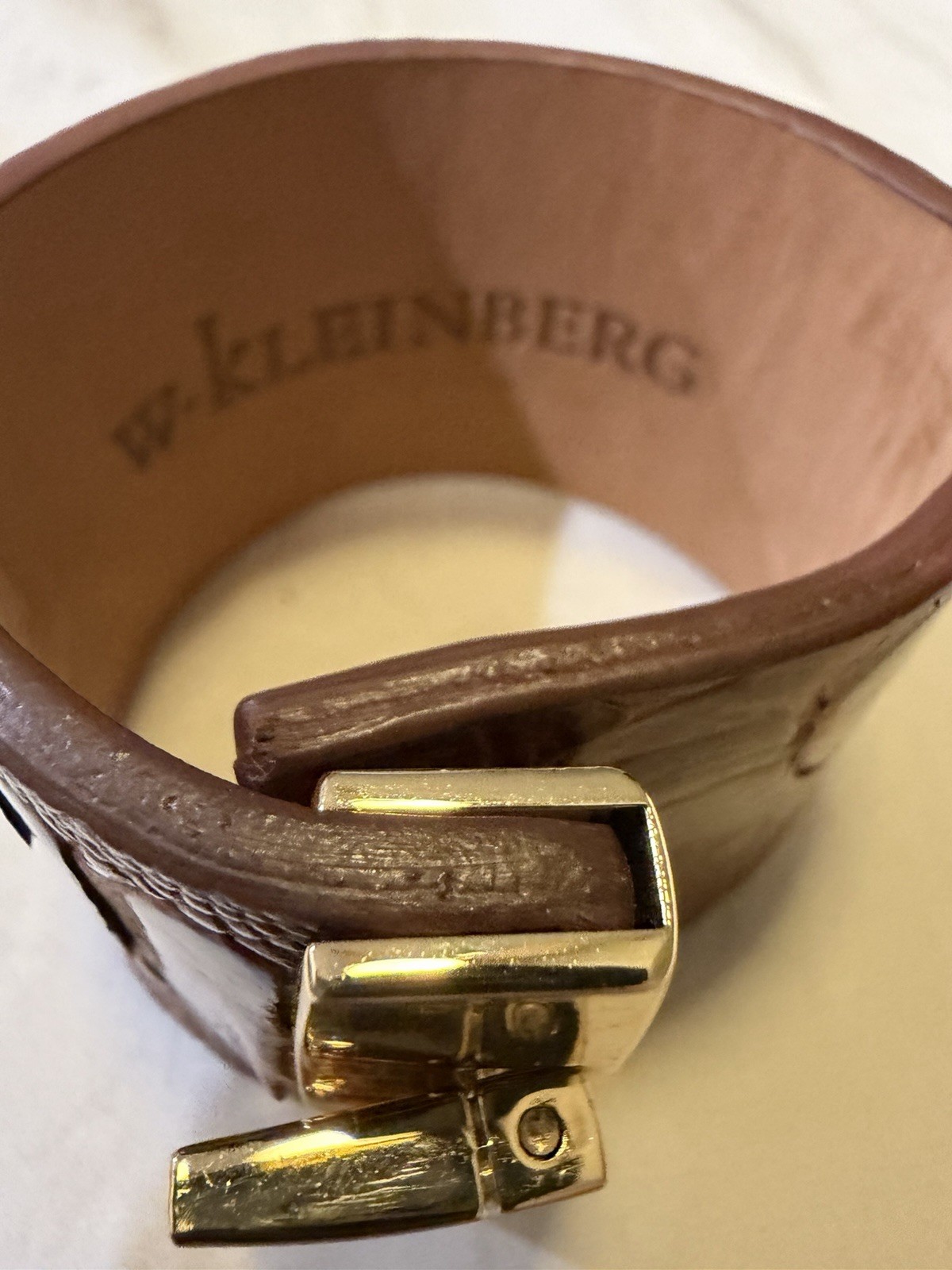 W.Kleinberg Brown Gator Cuff Bracelet, Signed, Buckle Closure 2.75”x8”