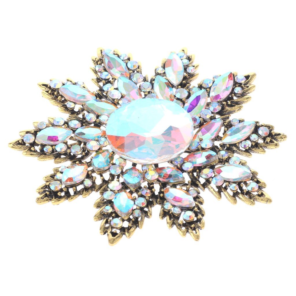 Antique Gold Alloy Metal Large Crystal Rhinestone Flower Brooch P1611-GAB