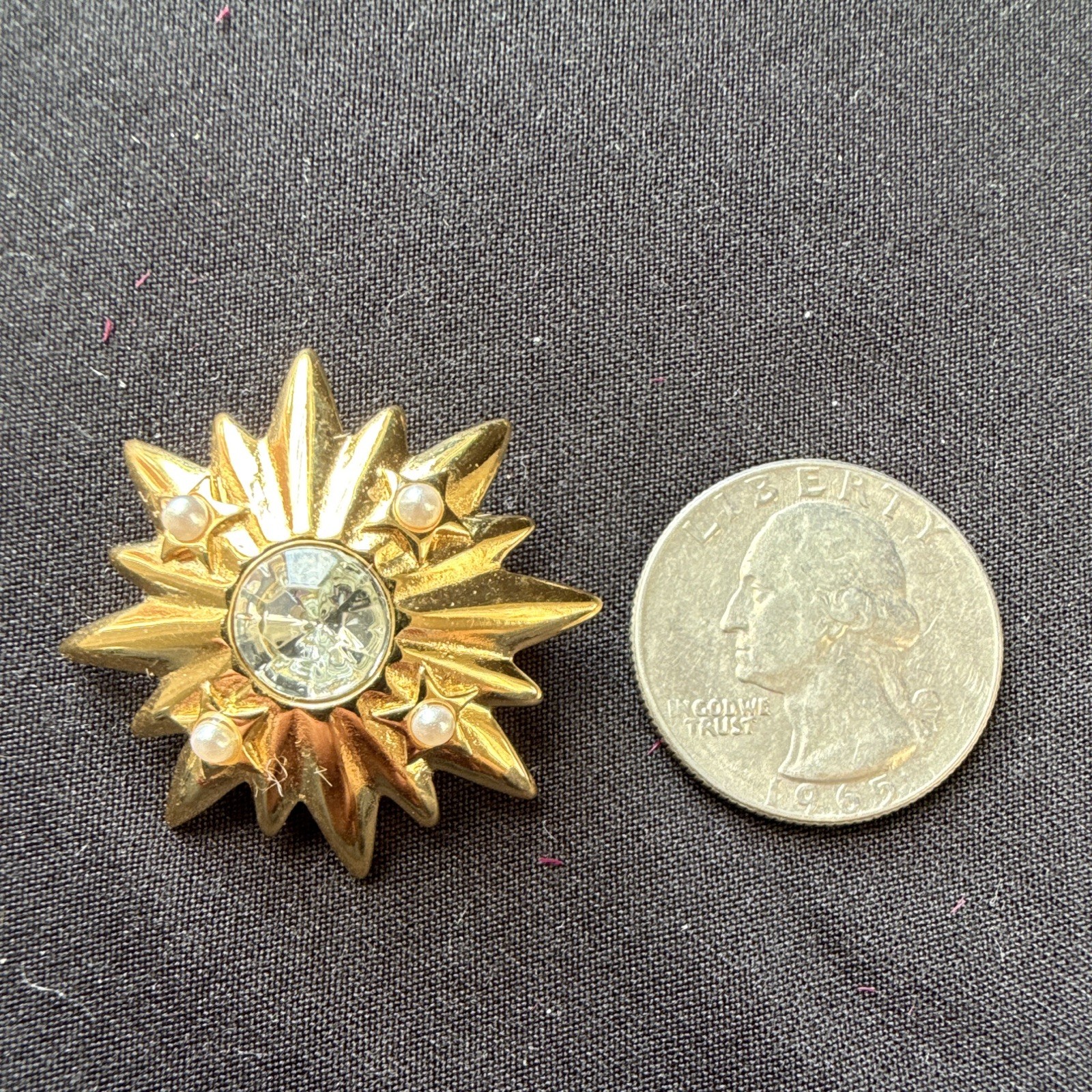 Vintage Trifari Signed Gold Tone Starburst Brooch Pin Rhinestone and Faux Pearls