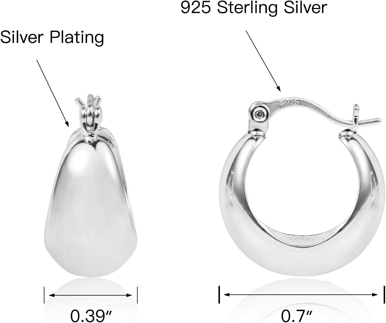 Silver Chunky Hoop Earrings for Women Hypoallergenic Thick Huggie Earring Wide H