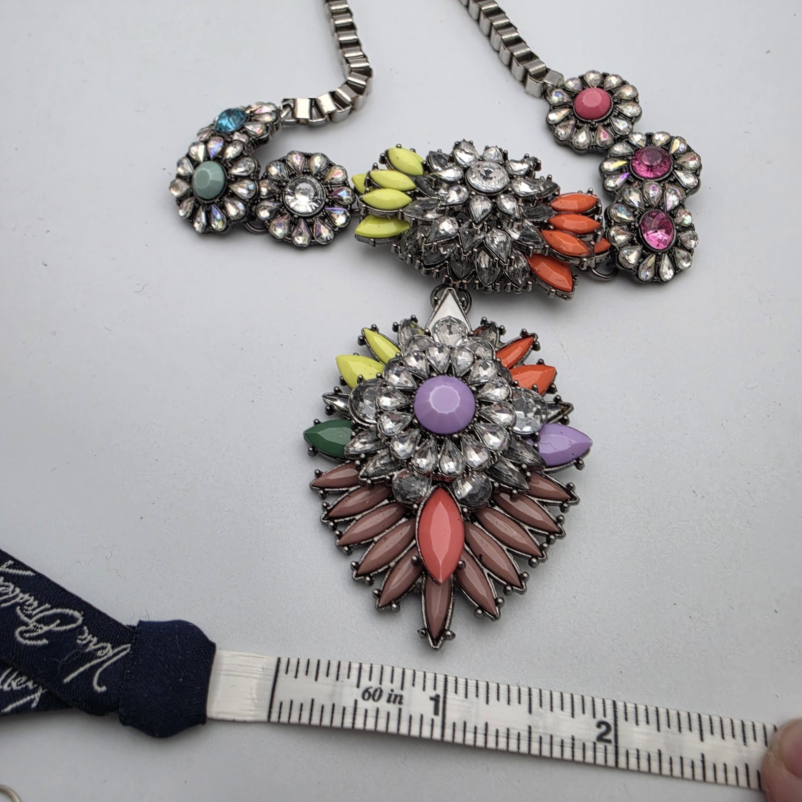 Large Floral Bib Statement Multi Color Necklace Rhinestone Box Chain Silver Tone