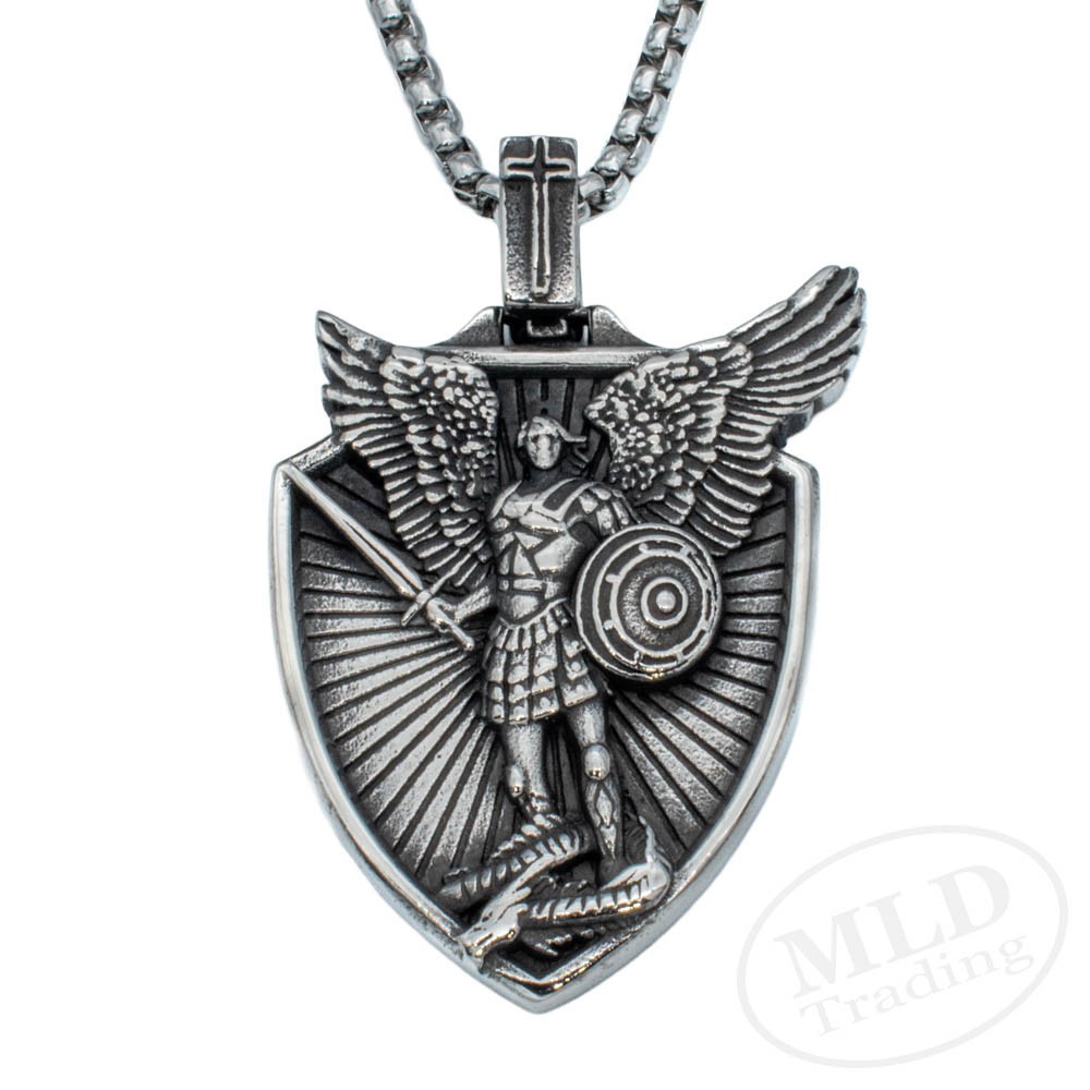 Saint St Michael Shield Pendant Necklace – Stainless Steel Archangel 24″ Chain