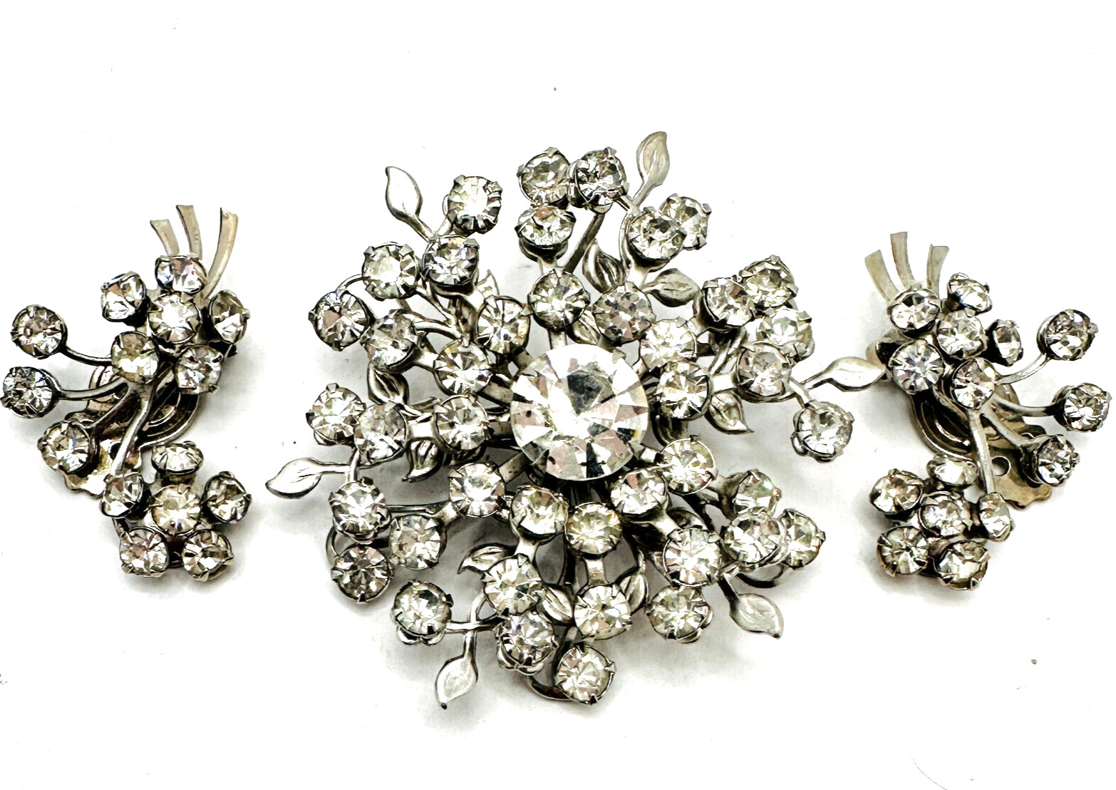 Beautiful Vtg Beau Jewels? Sparkly Rhinestone Brooch Earrings Set Leaf Floral