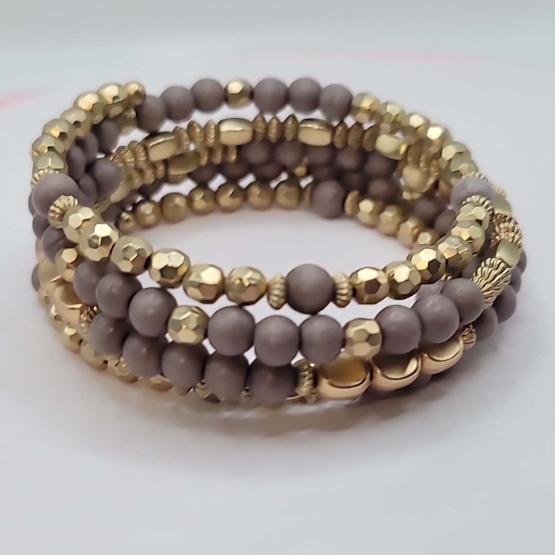 Purple Gray Gold Tone Beaded Memory Wire Coil Bracelet