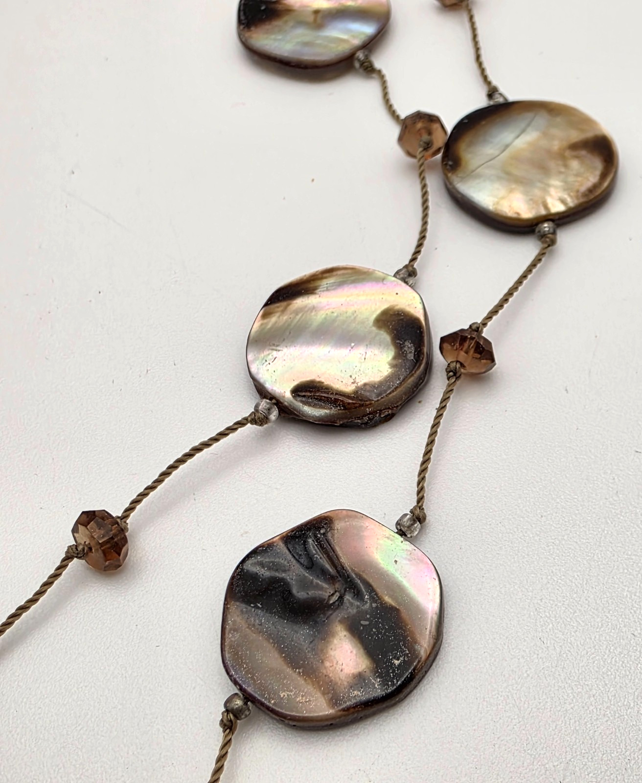 Abalone Shell Coin Disc Double Strand Station Necklace Crystal Cord 19 in Adj.