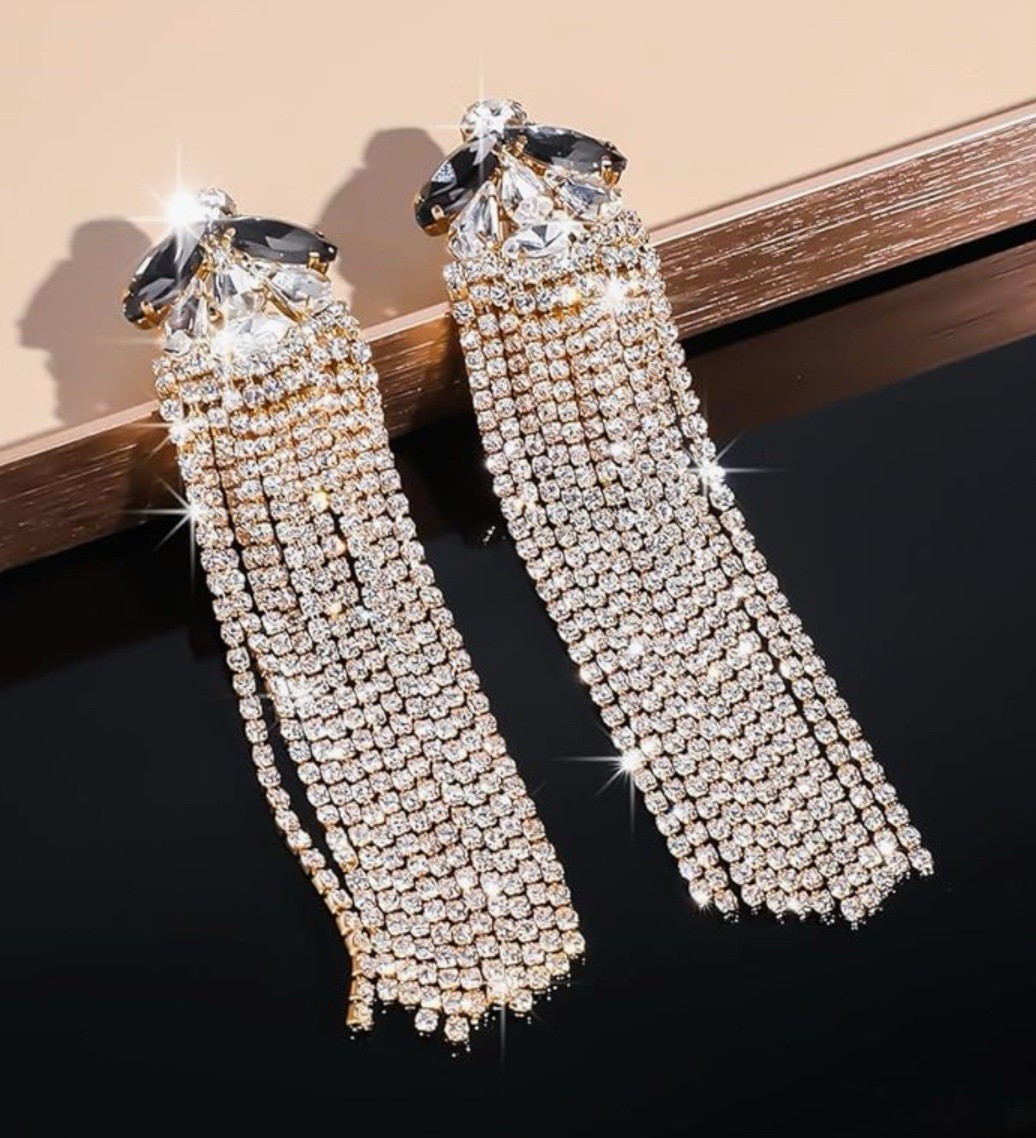 Brown Gold And White Rhinestones Tassel Drop Earrings
