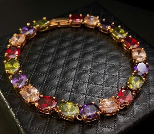 27 CTW Multicolor Gemstone Tennis Bracelet 18K Gold Plated Birthday Jewelry Gift