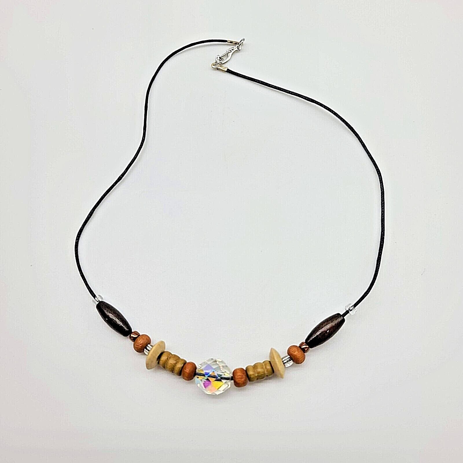 Brown Wooden Beaded Black Wax Cord Necklace w Copper, Clear & Oil Slick Accents