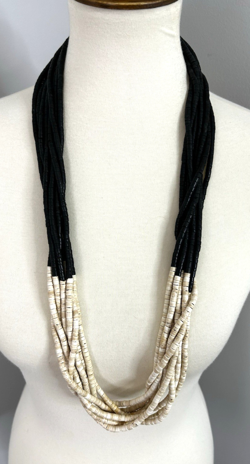 Coconut Shell Necklace 8 Strand Black and Ivory Tribal Unique Ethnic 32 in