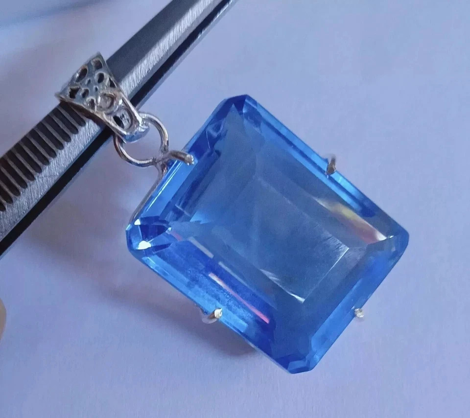 75.90 Ct Natural Blue Topaz Pendant Sterling Silver Emerald Cut Gemstone Jewelry