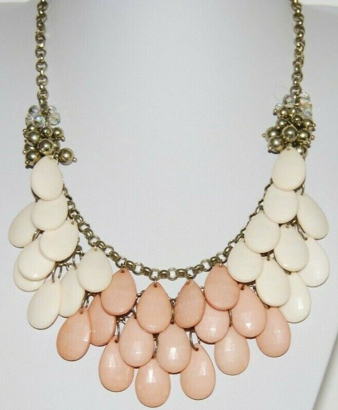 PINK & BEIGE TEAR DROP ACRYLIC BEADS ON SILVER TONED CHAIN SPORTY BIB NECKLACE