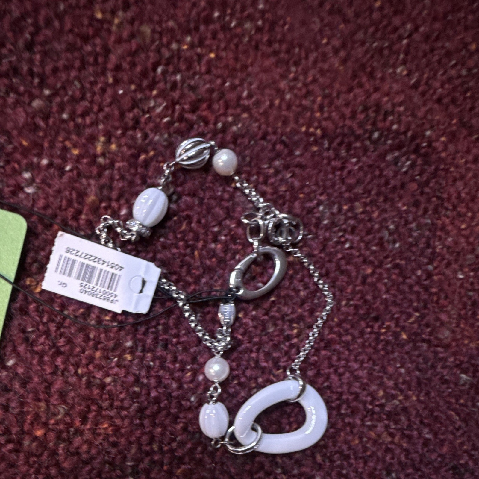 Fossil silver Tone Link Chain & Beaded Bracelet, White Ceramic Heart Charm,