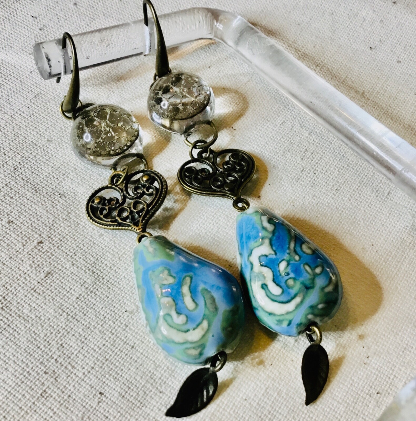 Sacred Bloom – Real Lotus Flower & Ceramic Drop Earrings | Antique Bronze