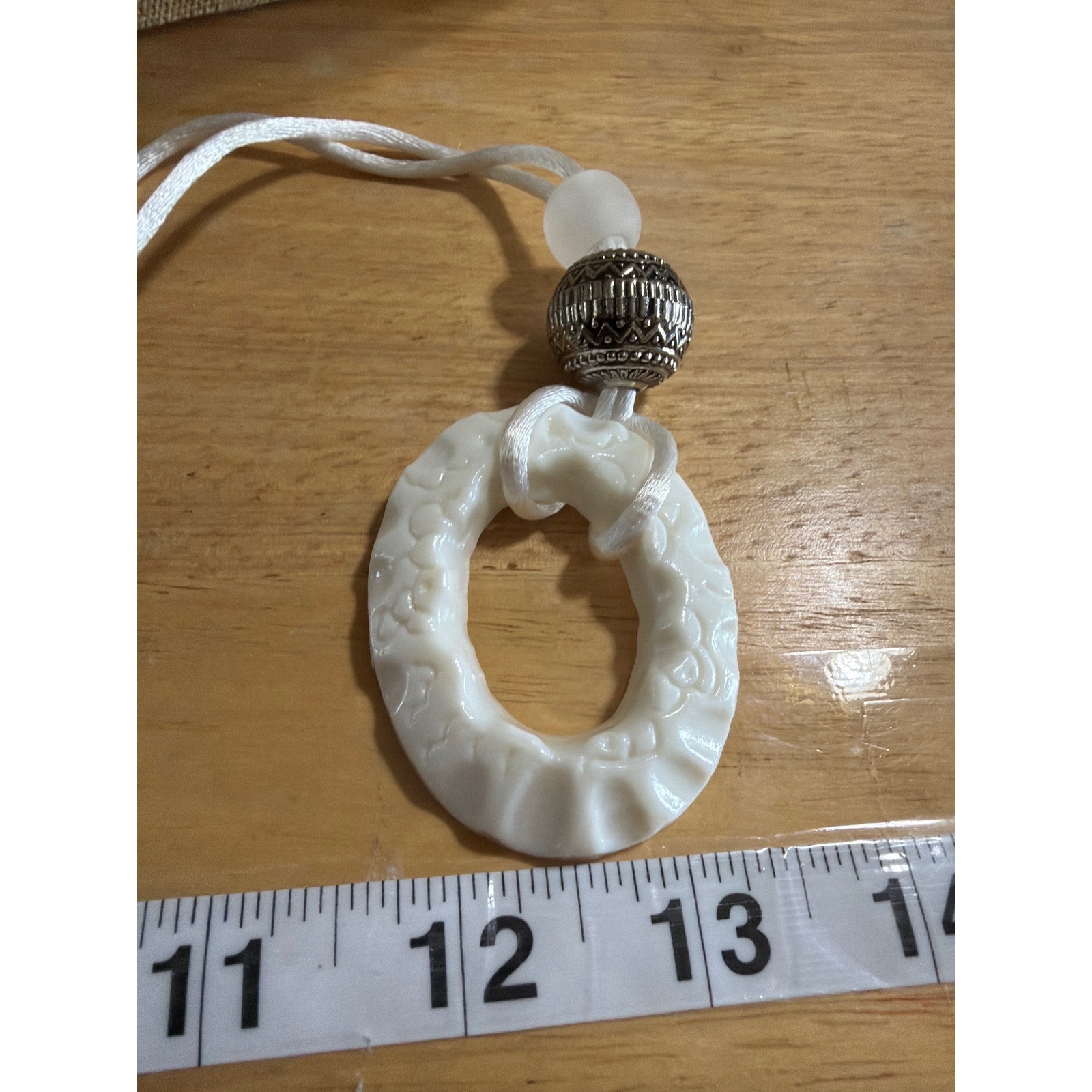 Boho White Carved Resin Ring Pendant Necklace Silver Tone Bead White Cord Artsey