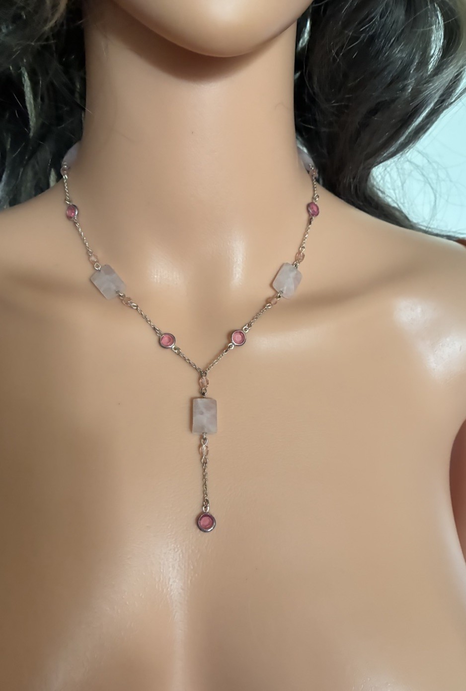 Express Necklace Silver 17” Pink, Red Beads