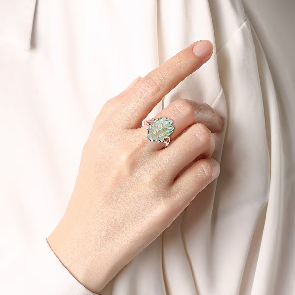 Certified Pure S925 Silver Blue Jadeite Lucky Elegant Fox Open Ring Us Size:5-9