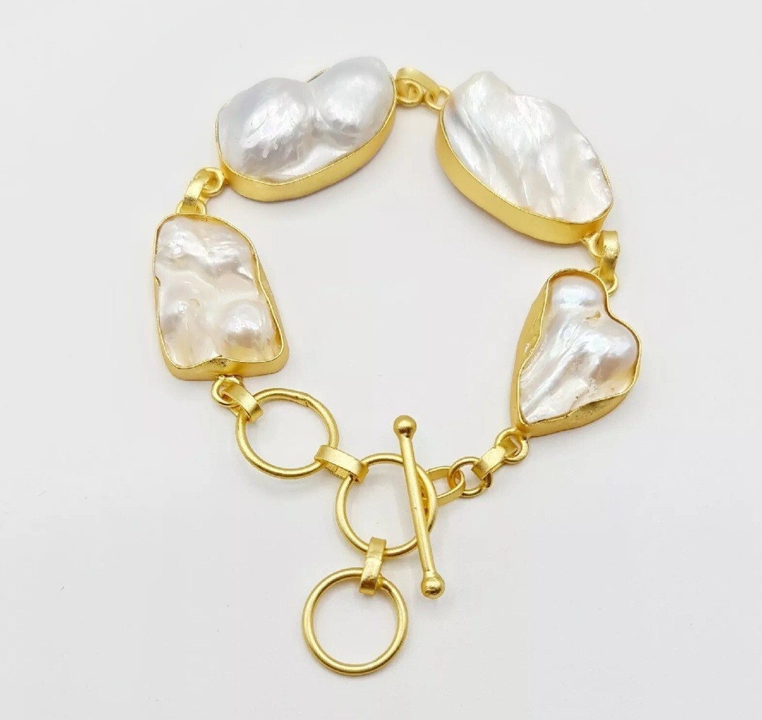 18k Matte Gold Plated Chunky Baroque Freshwater Pearl Toggle Bracelet