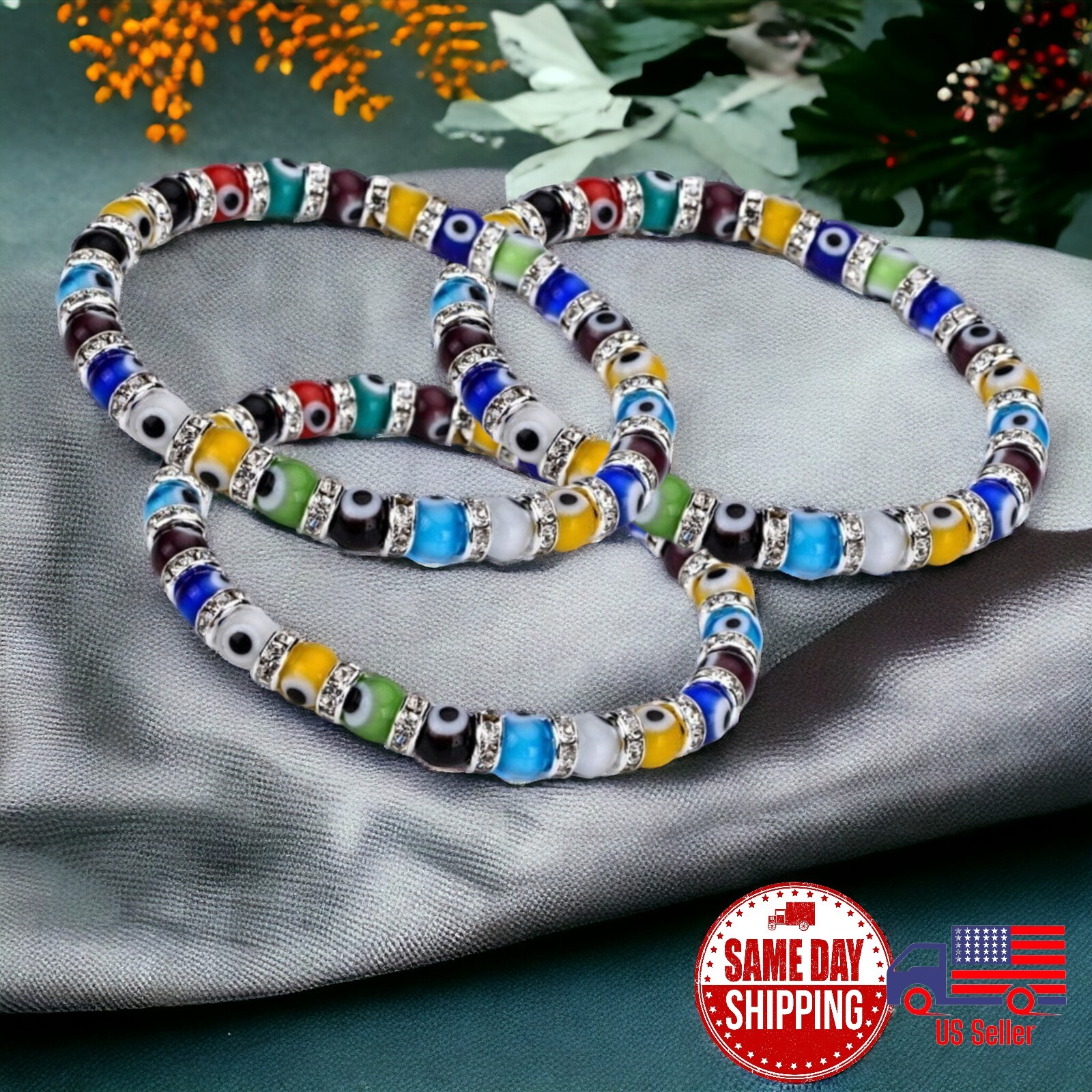 Lot of 3 x Multi Color 6mm Evil Eye Kaballah Hamsa Eye Bracelets Sz 5-6.5
