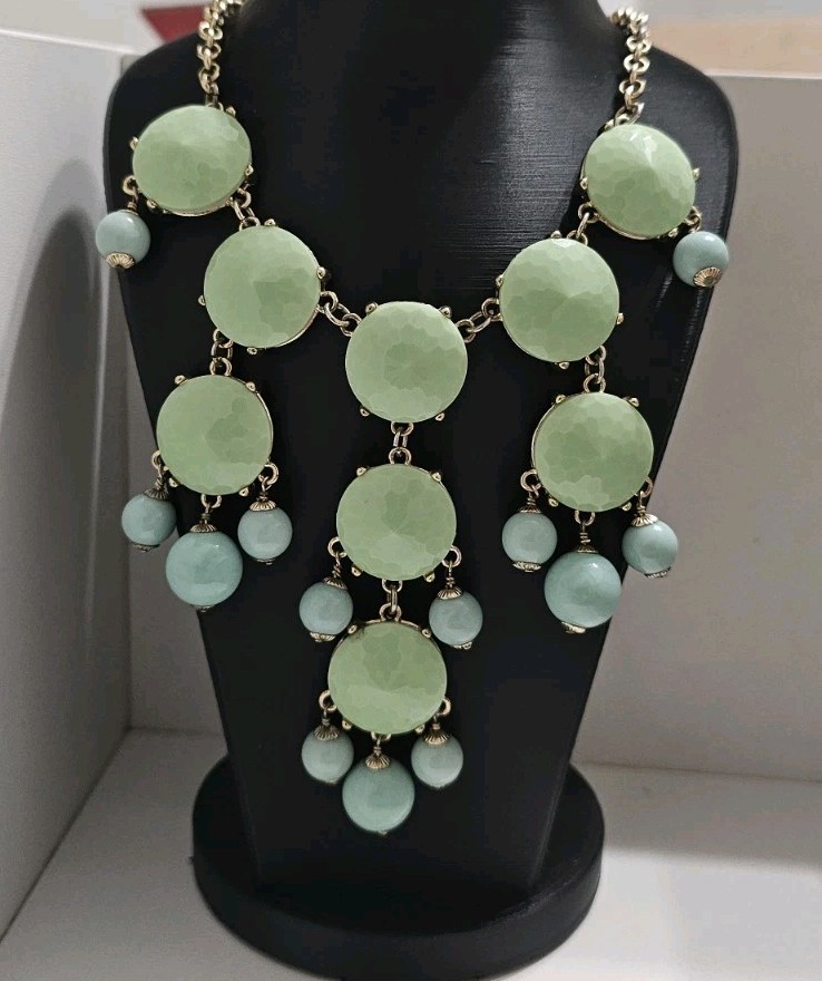 Authentic J Crew Signed Mint Green Cabochon Bib Statement Necklace Gold Tone