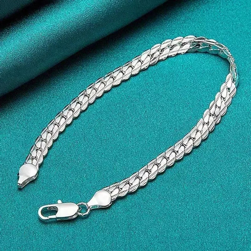 925 Sterling Silver Bracelet 6mm 18/20cm Flat Side Chain Lobster Clasp Bracelet