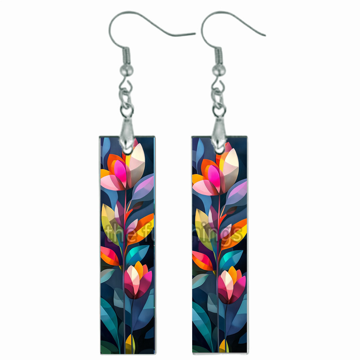 Abstract Spring Flowers Bar Earrings Wood Dangle Handcrafted Floral Jewelry Gift